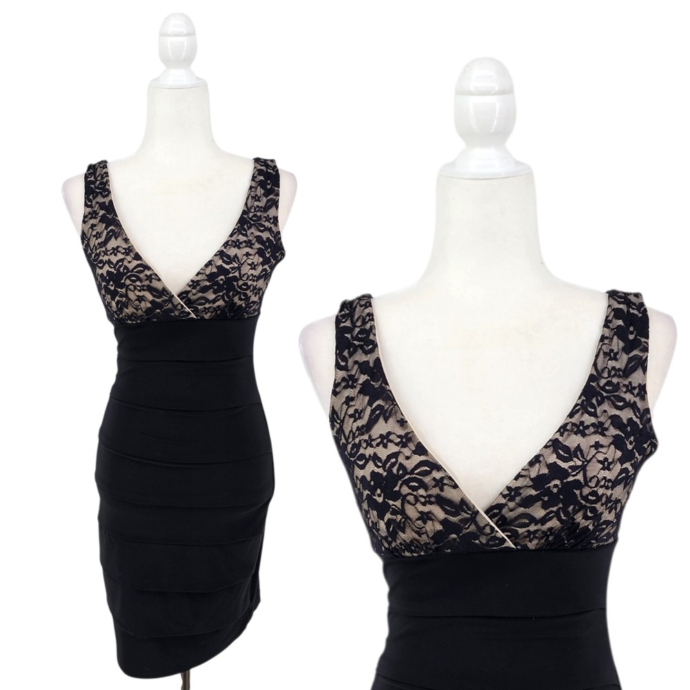 Vintage Y2K Bodycon Cocktail Dress Gothic Lace Vixen Black Tie USA Size 5/6 XS